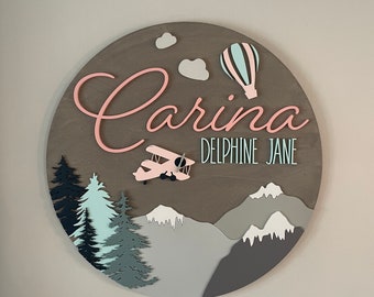 24" Forest mountain hot airplane Wood Name Sign | 24" Round Sign | Nursery | Baby Shower Gift | Baby | | Kids room Decor