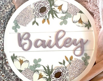 Botanical Floral custom Wood Name Sign baby girl | ROund Sign | Nursery | Framed shiplap circle | name board | nursery | Baby