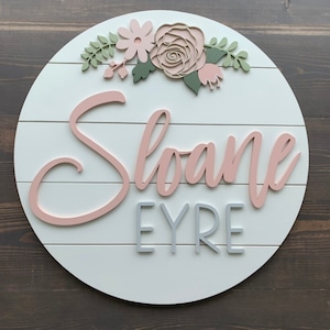 Custom Wood baby Name Sign | 3d Round Sign | Floral | shiplap | rose | Nursery Wall Art | Baby Shower Gift  | Girls