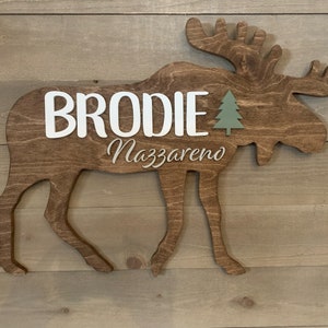 26" Large Wood Moose Name Sign | Nursery Decor |  Mountain Woodland Forest Animal l Baby Boy | Kids Room l Baby Shower Gift | Personalized