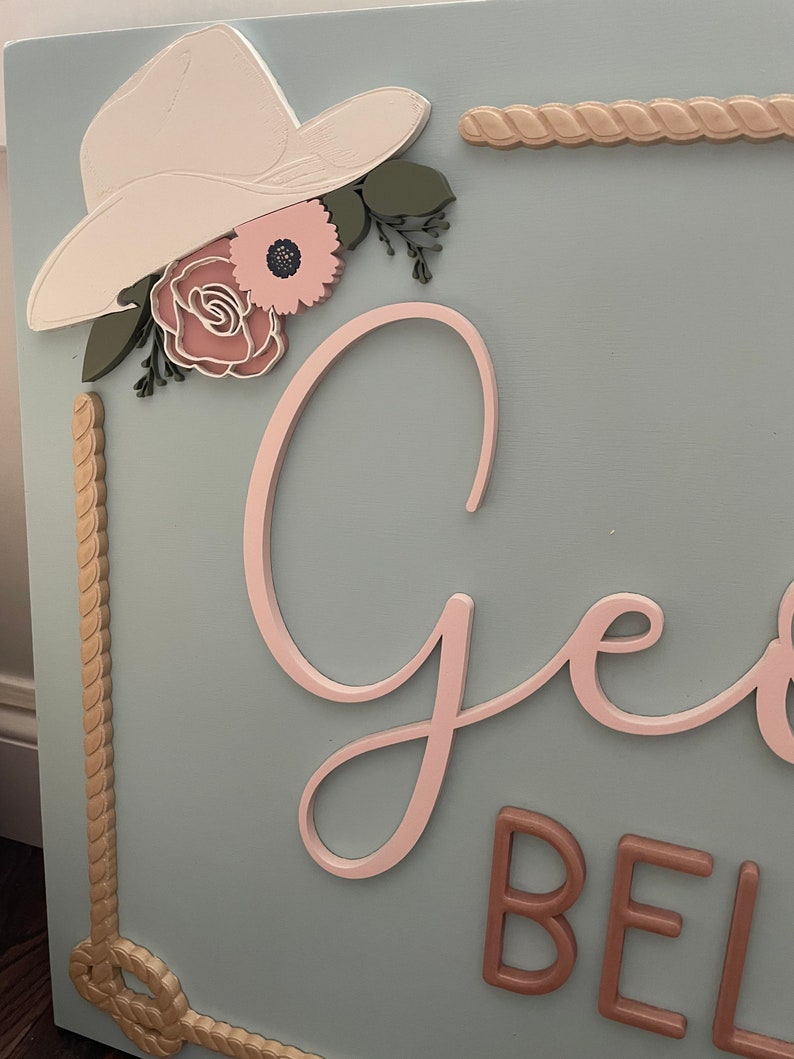 Rectangular wooden nursery name sign featuring 3D lettering in blush pink and rose gold with floral cowgirl details. A white cowboy hat, boots, and rope frame add Western charm, while layered flowers in soft pink, cream, and sage green bring a feminine touch. Set against a pale blue background, this handcrafted wall art makes a unique personalized baby gift or statement piece for a floral Western-themed nursery.