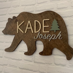 26 Large Wood Bear Name Sign Nursery Decor Mountain Woodland Forest Animal l Baby Boy Kids Room l Baby Shower Gift Personalized image 4