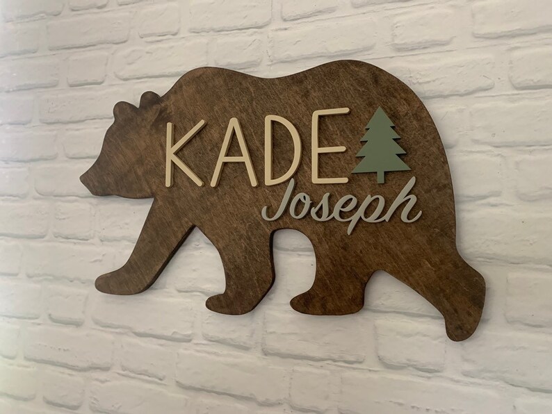 26 Large Wood Bear Name Sign Nursery Decor Mountain Woodland Forest Animal l Baby Boy Kids Room l Baby Shower Gift Personalized image 4