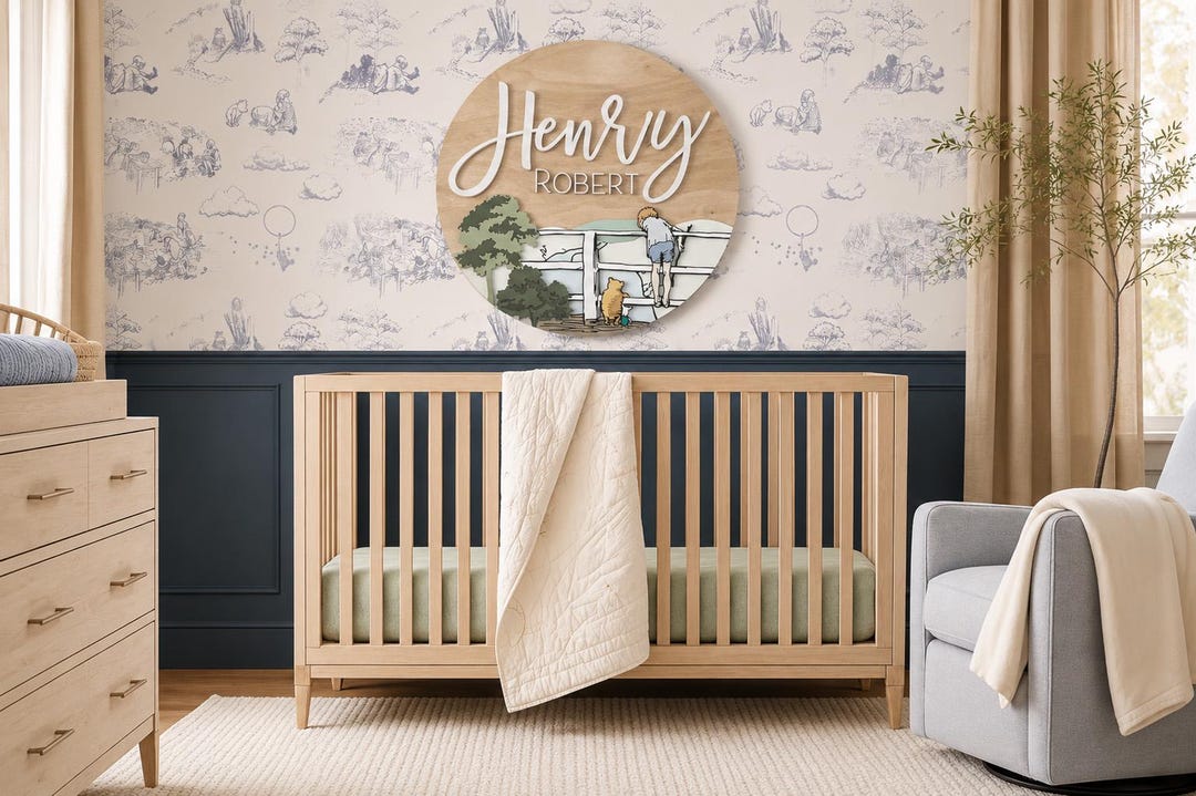Winnie the Pooh Nursery Name Sign: 3D Wood Art, Pooh Sticks Bridge