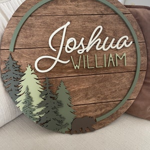 Forest Wood Name Sign | Round Sign | Nursery | Bear | Woodland | Baby Shower Gift | Baby | Boy | Kids room Decor | Personalized