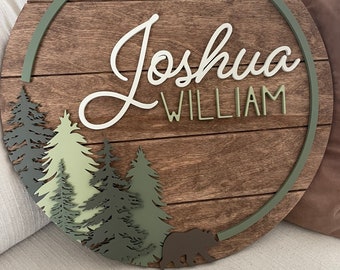 Forest Wood Name Sign | Round Sign | Nursery | Bear | Woodland | Baby Shower Gift | Baby | Boy | Kids room Decor | Personalized