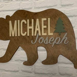 26 Large Wood Bear Name Sign Nursery Decor Mountain Woodland Forest Animal l Baby Boy Kids Room l Baby Shower Gift Personalized image 7