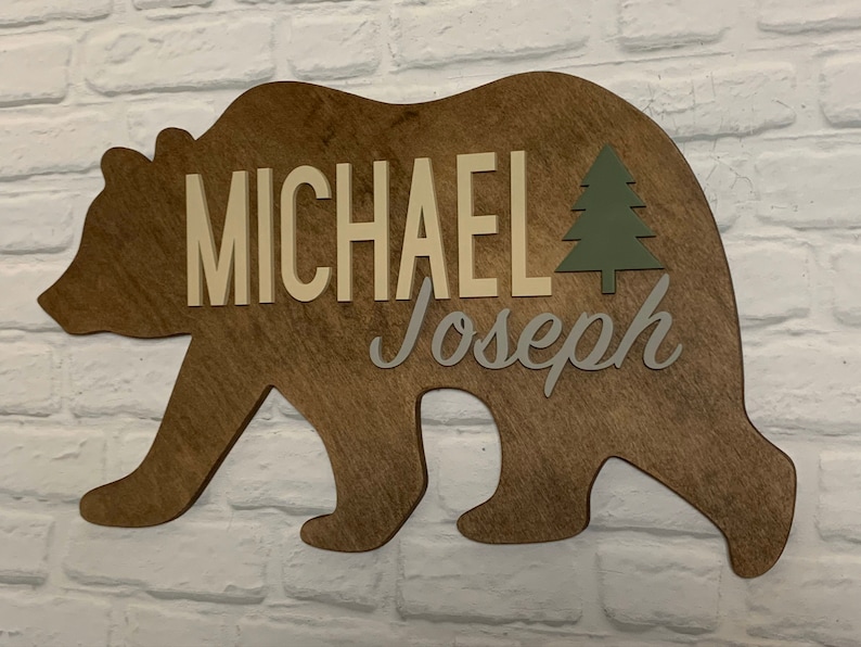 26 Large Wood Bear Name Sign Nursery Decor Mountain Woodland Forest Animal l Baby Boy Kids Room l Baby Shower Gift Personalized image 7