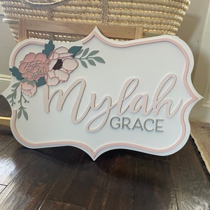 Floral Wood Name Sign: Custom Nursery Decor, Blush Pink Peony