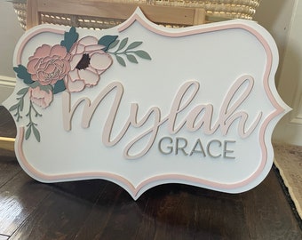 32x20  Floral Custom Wood Name Sign | blush pink | peony rose flowers | whimsical | wildflower sign | nursery | Baby | name board shiplap