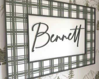 Custom plaid Rectangle Baby Name Sign: Large Shiplap Nursery Wall Decor with a check gingham border for boys room