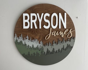 24" forest Wooden Name Sign | 24" Round treeline Sign | Nursery | Bear | Woodland | Baby Shower Gift | Baby | Boy | Kids room Decor