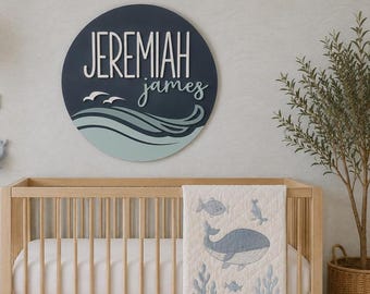 Custom Wood Name Sign: Coastal Wave Nautical Beach Ocean Nursery Decor