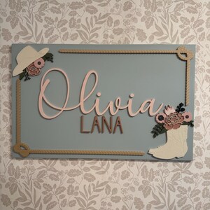 Rectangular wooden nursery name sign featuring 3D lettering in blush pink and rose gold with floral cowgirl details. A white cowboy hat, boots, and rope frame add Western charm, while layered flowers in soft pink, cream, and sage green bring a feminine touch. Set against a pale blue background, this handcrafted wall art makes a unique personalized baby gift or statement piece for a floral Western-themed nursery.