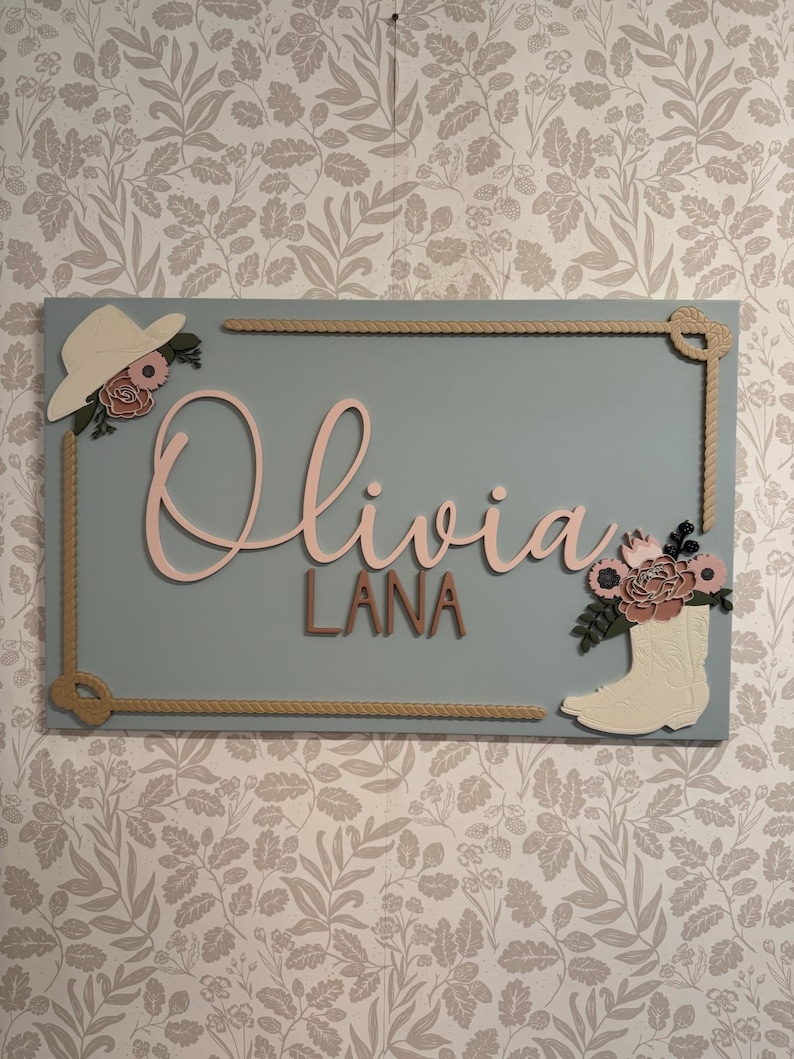Rectangular wooden nursery name sign featuring 3D lettering in blush pink and rose gold with floral cowgirl details. A white cowboy hat, boots, and rope frame add Western charm, while layered flowers in soft pink, cream, and sage green bring a feminine touch. Set against a pale blue background, this handcrafted wall art makes a unique personalized baby gift or statement piece for a floral Western-themed nursery.