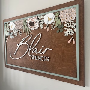 Custom Wood floral baby Name Sign | rectangle board hanging floral border flower garland personalized baby girl name