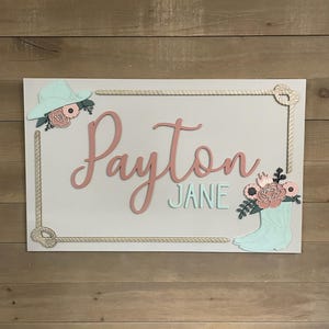 Rectangular wooden nursery name sign featuring 3D lettering in blush pink and rose gold with floral cowgirl details. A white cowboy hat, boots, and rope frame add Western charm, while layered flowers in soft pink, cream, and sage green bring a feminine touch. Set against a pale blue background, this handcrafted wall art makes a unique personalized baby gift or statement piece for a floral Western-themed nursery.