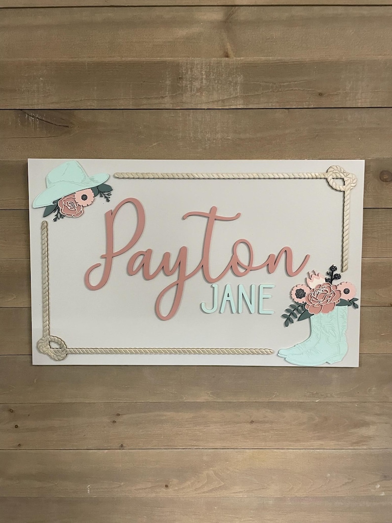 Rectangular wooden nursery name sign featuring 3D lettering in blush pink and rose gold with floral cowgirl details. A white cowboy hat, boots, and rope frame add Western charm, while layered flowers in soft pink, cream, and sage green bring a feminine touch. Set against a pale blue background, this handcrafted wall art makes a unique personalized baby gift or statement piece for a floral Western-themed nursery.