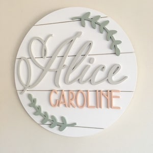 Custom Shiplap Simple Botanical Nursery Name Sign: Round Girls room wall Decor