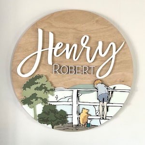 24" Classic WInnie the Pooh Name Sign | 24" Round Sign | Nursery | Pooh sticks | bridge scene | Baby Shower Gift | Baby | Kids room Decor