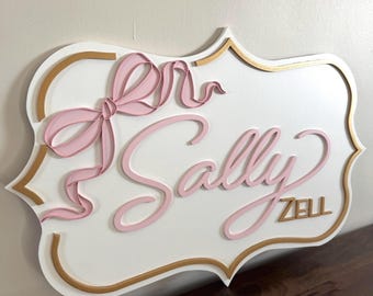 Custom Wood Name Sign: bow and ribbon coquette Nursery Decor, Baby Name arabesque Board