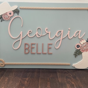 32x20&quot; Floral cowgirl  Custom Wood Name Sign | Western | Rectangle Sign | Nursery | layered floral | flower | nursery | Baby | name board