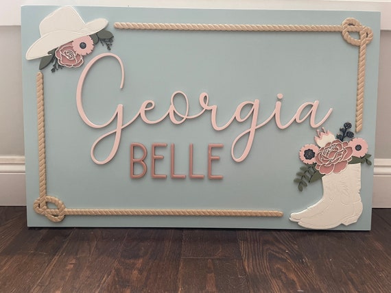Floral Cowgirl Name Sign: Custom Western Nursery Decor - rectangle baby name sign 3D with cowboy boot
