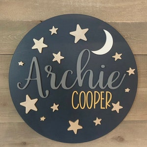 Custom Wood Name Sign |  Round Sign | stars and moon | Nursery Wall Art | Baby Shower Gift | Baby Name Sign |