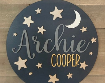 Custom Wood Name Sign |  Round Sign | stars and moon | Nursery Wall Art | Baby Shower Gift | Baby Name Sign |