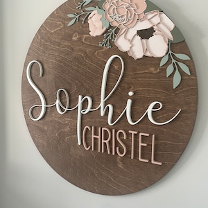 Custom Wood baby Name Sign | Round Sign | Floral | shiplap | peony | Nursery Wall Art | Baby Shower Gift  | Girls room decor