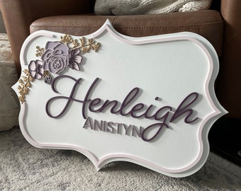 Floral Custom Name Sign: Wooden Nursery Decor Arabesque shape 3D raised letter Purple and Gold