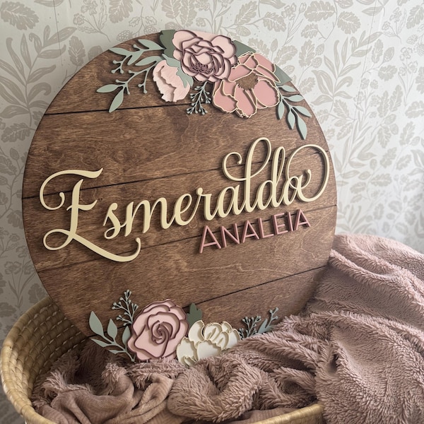 Personalized Floral Round Baby Girl Name Sign: 3D Shiplap Wood Nursery Decor - Peonies & Roses