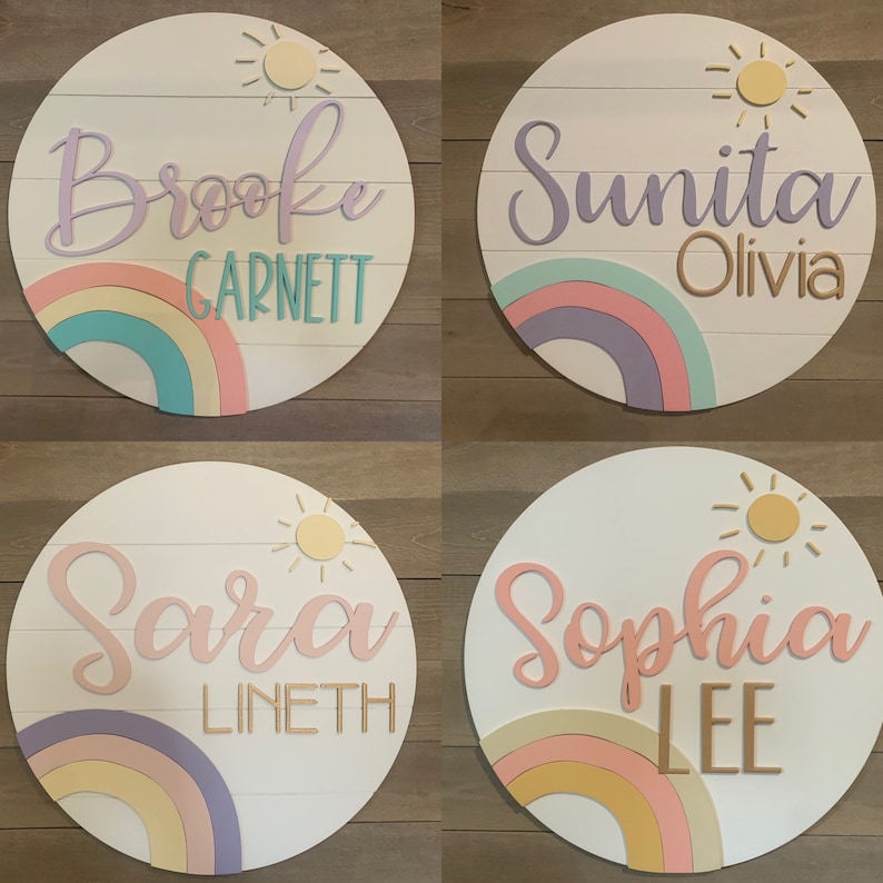 Nursery shiplap Girls Custom rainbow sunshine wooden Name Sign Floral Round Sign Boho nursery decor Baby Name Sign