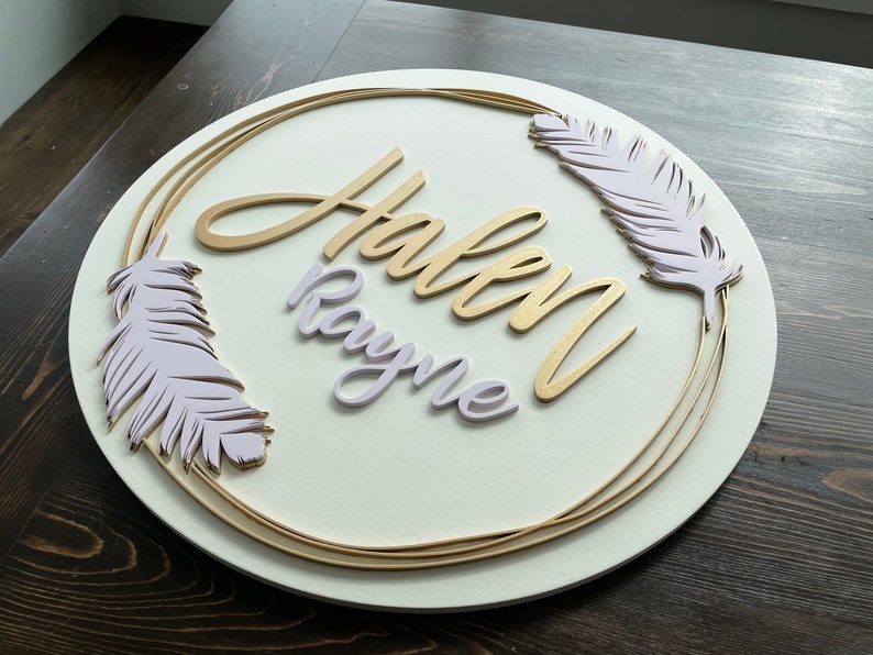 Custom Wood Baby Name Sign Round Sign Feathers Boho Etsy Canada