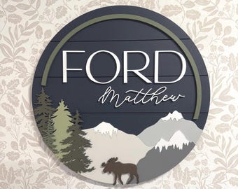 Woodland Nursery Name Sign: 3D Forest Mountain Theme, Baby Boy Decor