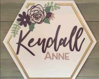 Hexagon floral Shiplap Name Board | Wooden Name Sign | geometric | Nursery Decor | Baby Shower Decoration | Baby Gift