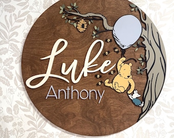 Winnie the Pooh Nursery Name Sign, 3D Kids Room Decor, Custom Wooden Name Plaque, Honey Bee Balloon Scene, Classic Pooh Bear Baby Gift