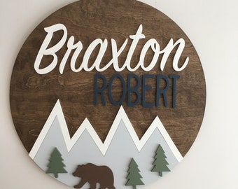 24" Custom Wood Name Sign | Round | Mountain | Bear | Woodland | Rustic Decor | Nursery Wall Art | Baby Shower Gift | Baby Name Sign | Boy