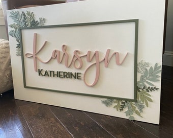 Botanical Custom Wood Name Sign with greenery| Rectangle Sign | Nursery | Hanging Branches | foliage | neutral nursery | Baby | eucalyptus