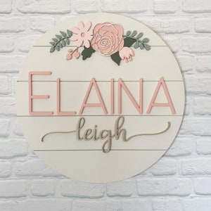 Custom Floral Wooden Baby Name Sign: Shiplap Nursery Wall Art with flowers in Blush Pink and sage