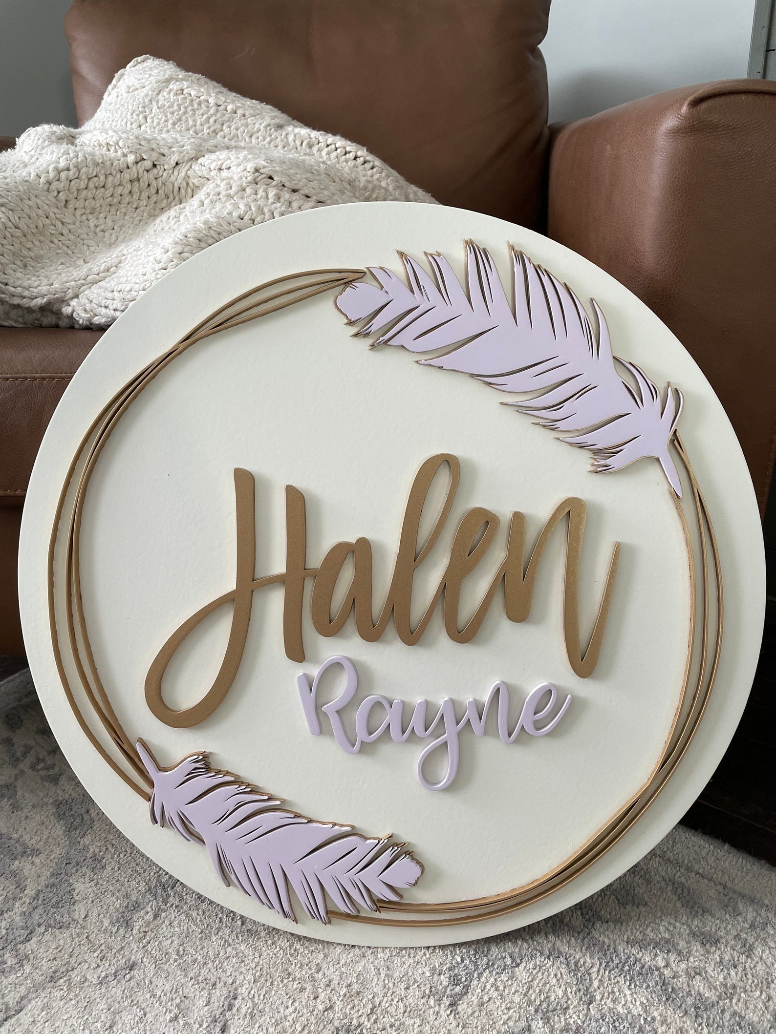 Custom Wood Baby Name Sign Round Sign Feathers Boho Feather Gold