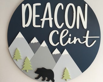 24" Mountain Wooden Name Sign | 24" Round Sign | Nursery | Bear | Woodland | Baby Shower Gift | Baby | Boy | Kids room Decor | wood sign