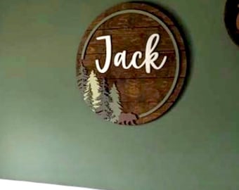 24" Forest Wood Name Sign | 24" Round Sign | Nursery | Bear | Woodland | Baby Shower Gift | Baby | Boy | Kids room Decor | Personalized