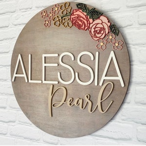 24"Custom Wood baby Name Sign | Round Sign | Floral | shiplap | rose | Nursery Wall Art | Baby Shower |blush pink | Girls | vintage