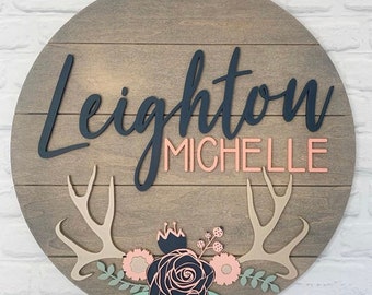 24"floral antler baby Name Sign | 24" Round Sign | Floral | shiplap | rose | Nursery Wall Art | Baby Shower Gift  | Girls