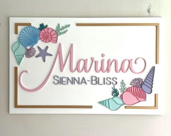 Custom Seashell Rectangle Name Sign: 3D Beach theme under the sea Nursery Wall Art for Mermaid girls room decor