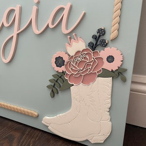 Rectangular wooden nursery name sign featuring 3D lettering in blush pink and rose gold with floral cowgirl details. A white cowboy hat, boots, and rope frame add Western charm, while layered flowers in soft pink, cream, and sage green bring a feminine touch. Set against a pale blue background, this handcrafted wall art makes a unique personalized baby gift or statement piece for a floral Western-themed nursery.