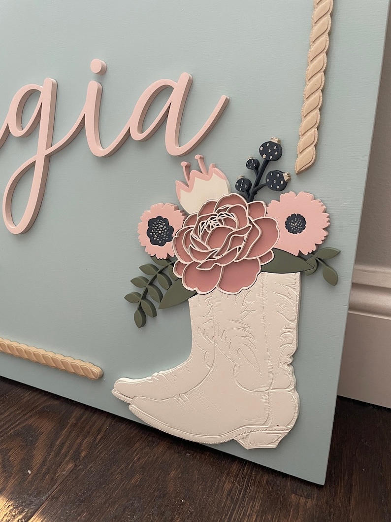 Rectangular wooden nursery name sign featuring 3D lettering in blush pink and rose gold with floral cowgirl details. A white cowboy hat, boots, and rope frame add Western charm, while layered flowers in soft pink, cream, and sage green bring a feminine touch. Set against a pale blue background, this handcrafted wall art makes a unique personalized baby gift or statement piece for a floral Western-themed nursery.
