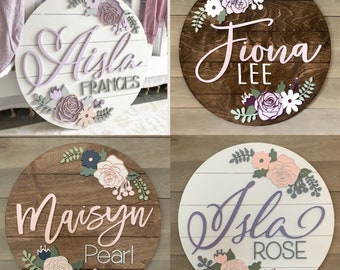Custom Wood baby Name Sign | 3d Round Sign | Floral | shiplap | rose | Nursery Wall Art | Baby Shower Gift  | Girls
