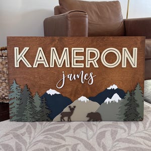 Letrero de madera rectangular con nombre de bosque y montaña, 32 x 20, para guardería, oso, ciervo, bosque, regalo para baby shower, decoración para habitación de bebé, niño y niño
